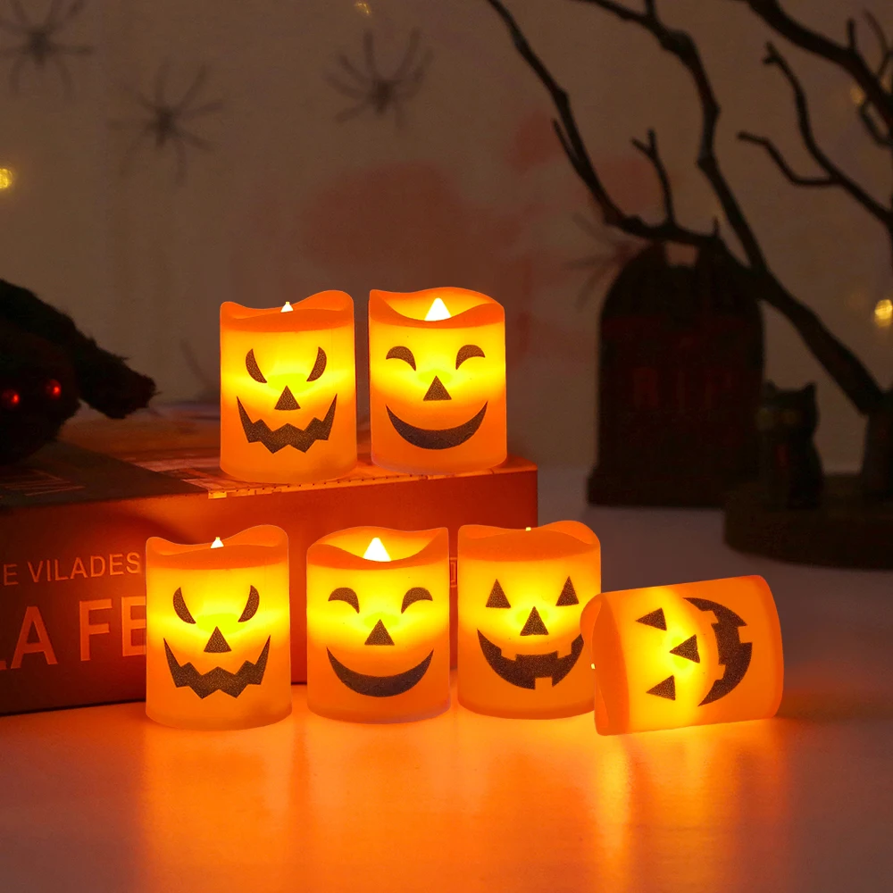 6/12Pcs Halloween Pumpkin Face LED Flameless Candle Lights, Decor for Halloween Dining Table Entryway Courtyard & Indoor Layout