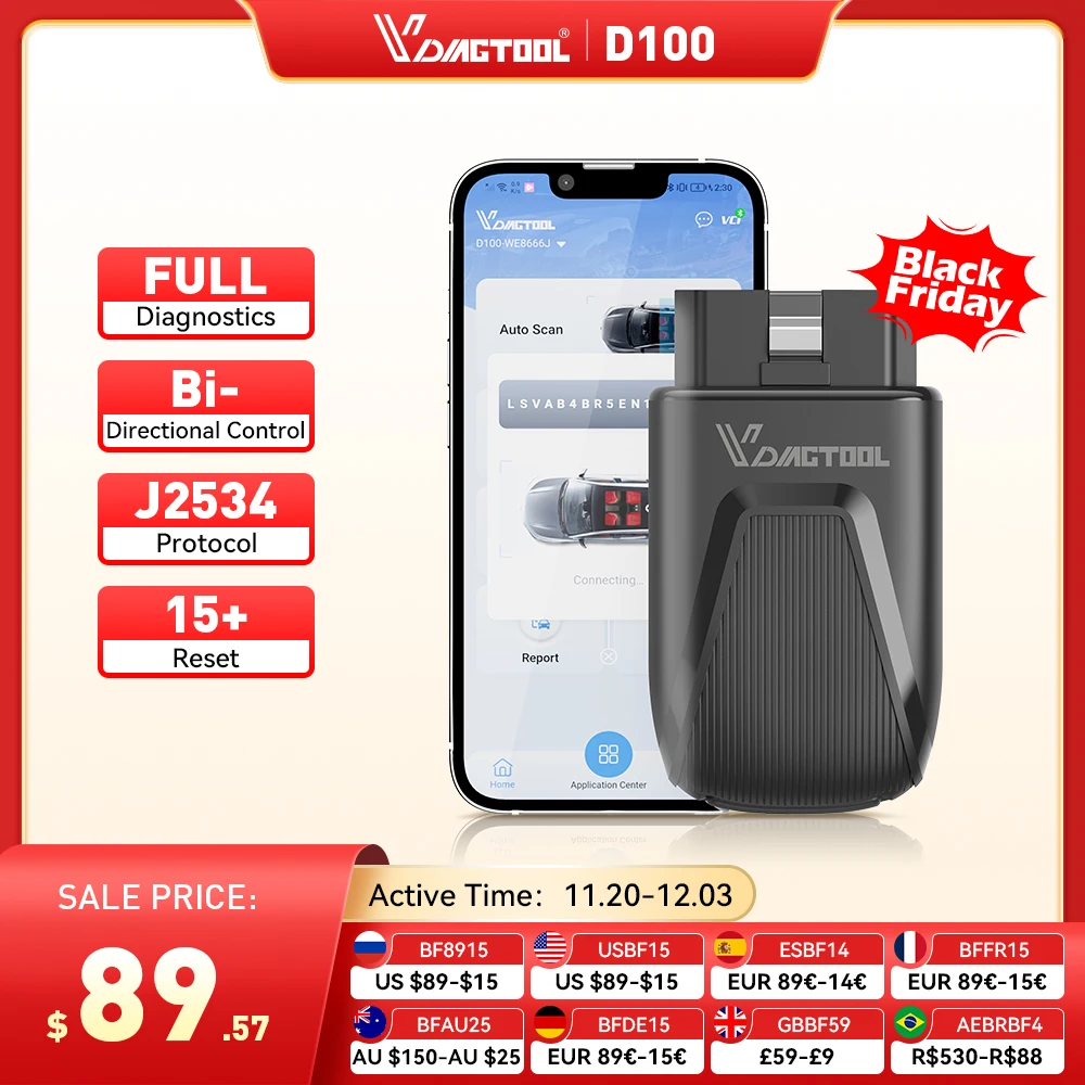 VDIAGTOOL D100 OBD2 Scanner Car Diagnostic Tools 23+ Reset Service Code Reader CANFD J2534 Protocol Lifetime Free Update