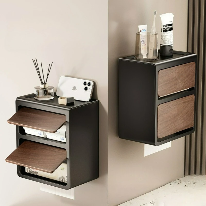 Wall-mounted Double Layer Toilet Paper Holder Wood Grain Non-drilling Storage Rack Accessories for Bathroom Toilet Roll Holder