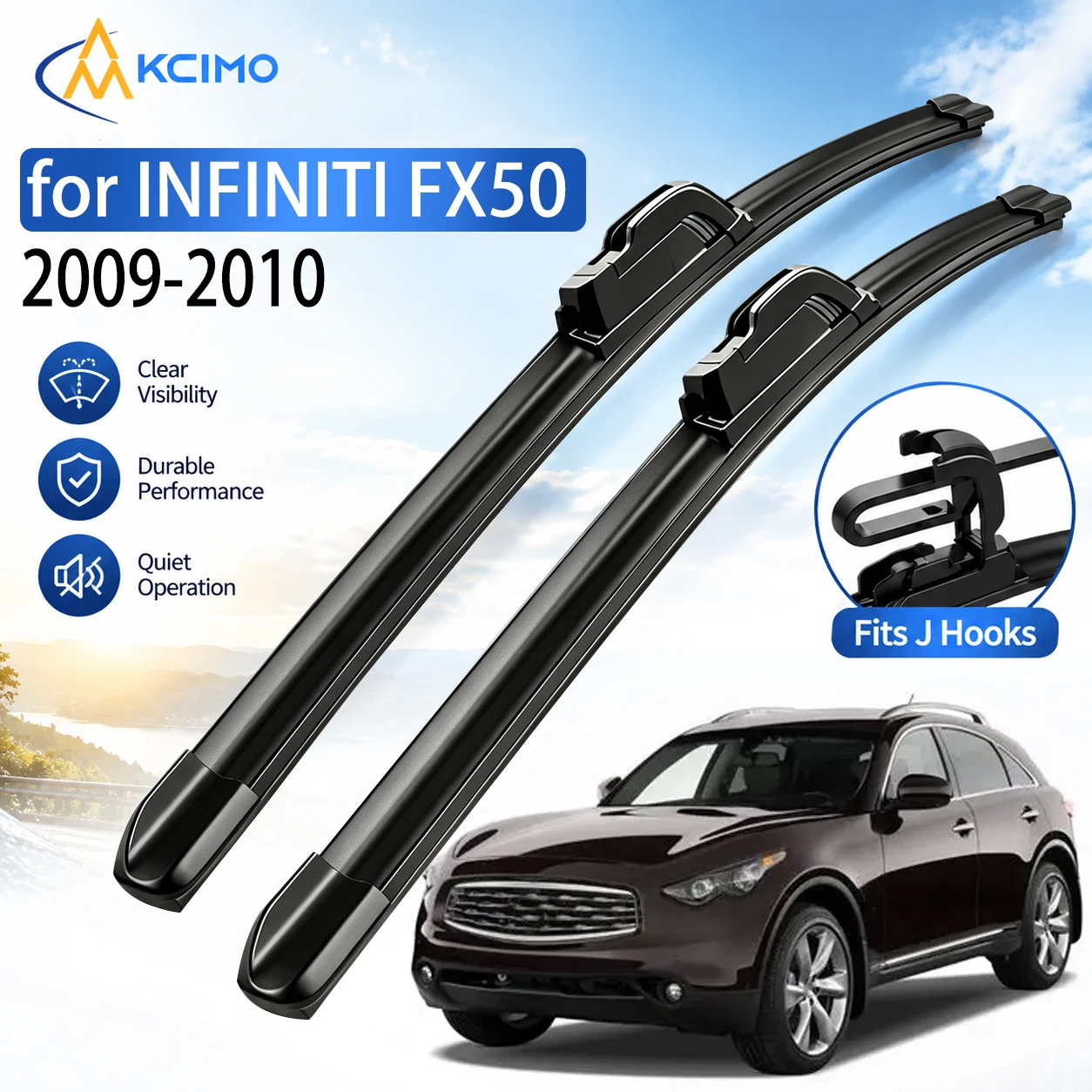 2Pcs Front Windshield Wiper Blades Kit 22"+19" for INFINITI FX50 2009-2010 J Hook Boneless Design Quiet Clean Wiper Blades