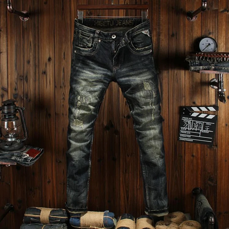 Italian Style Fashion Men Jeans High Quality Retro Washed Elastic Slim Fit Ripped Jeans Men Vintage Designer Denim Pants Hombre