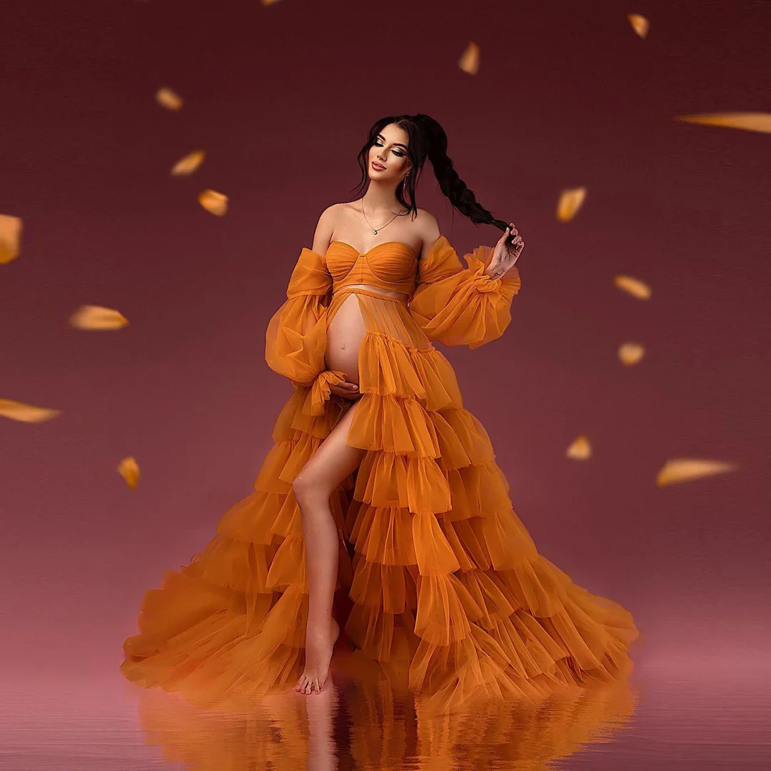 

Charm Orange Long Maternity Dresses Photoshoot Front Slit Ruffle Tiered Tulle Maternity Dress For Pregnant Woman Puff Sleeves Pr