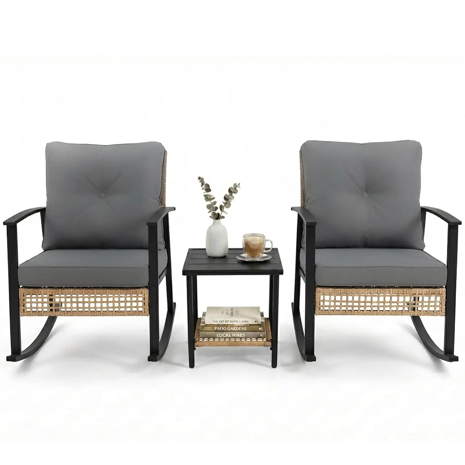 3-Piece Patio Bistro Set with Rocking Chairs & Thick Cushions, 2-Tier Coffee Table for Backyard Garden Balcony, Customized