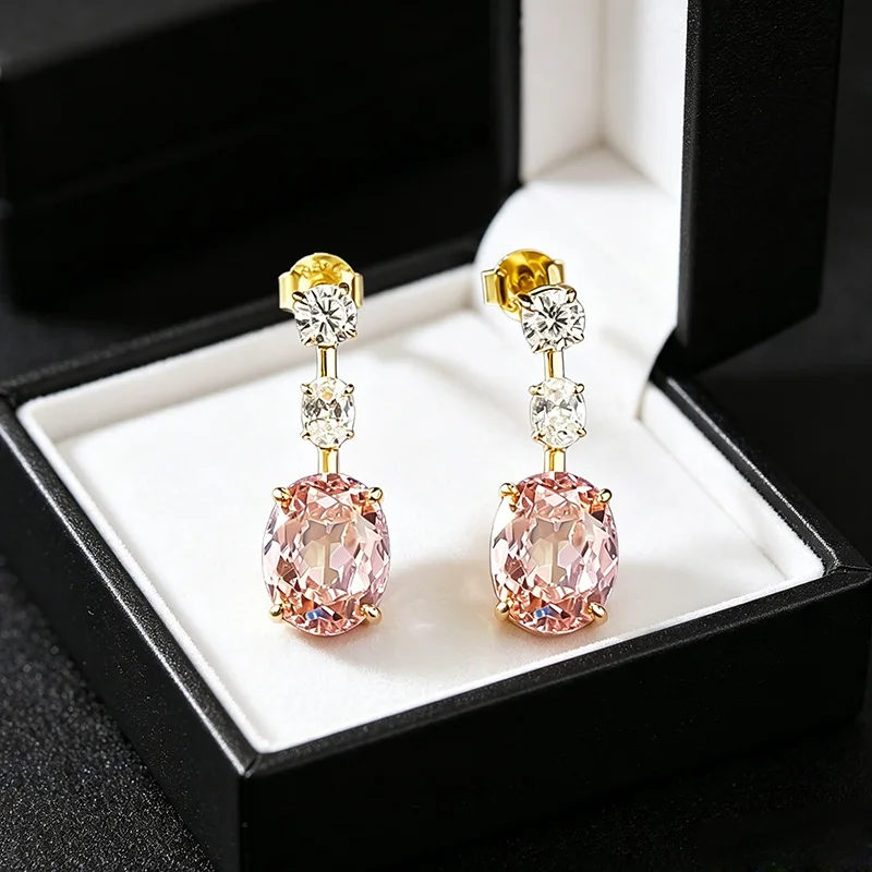 Luxury White Gold Ring Women's Platinum PT950 Oval 7*9mm Padparadscha Pink Earrings Three-stone Pendant Design Daily Commuting