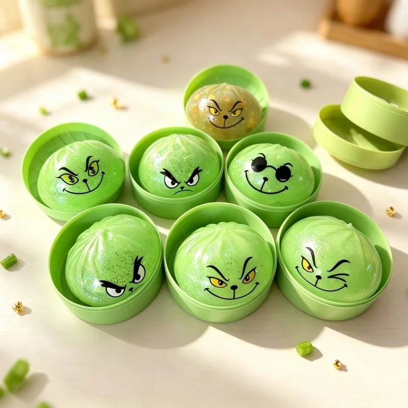 8.5cm Christmas Green Bun Dumplings Smile/Angry/Wink Buns W/Steamer Squeeze Anxiety Antistress for 2027New Year Party Xmas Gifts