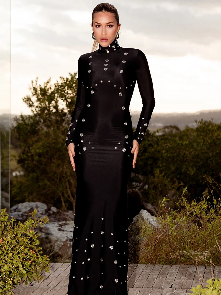Feminino chique preto manga cheia gola diamante embelezado vestido bodycon magro clubnight festa vestido de noite 2025 novos vestidos
