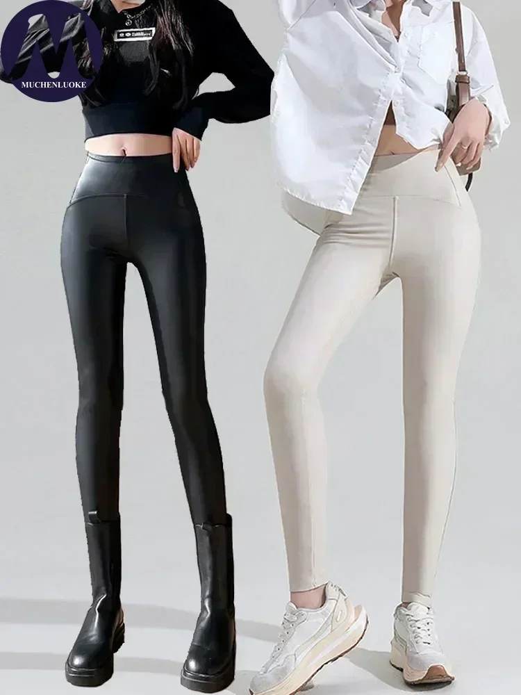 セクシーな痩身 Pu レザーレギンス女性春秋黒ハイウエストタイツストレッチソフト薄型フリースレギンス女性のためのパンツ