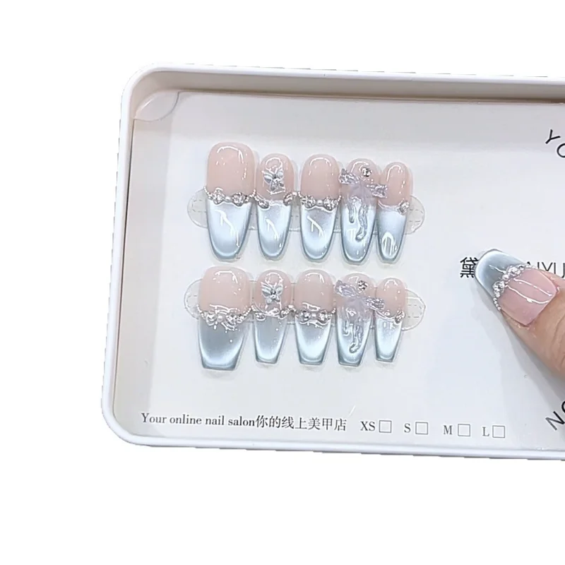 

Purely handmade nail wear spring and summer new summer blue sea ice through cat's eye pure desire temperament nail patch