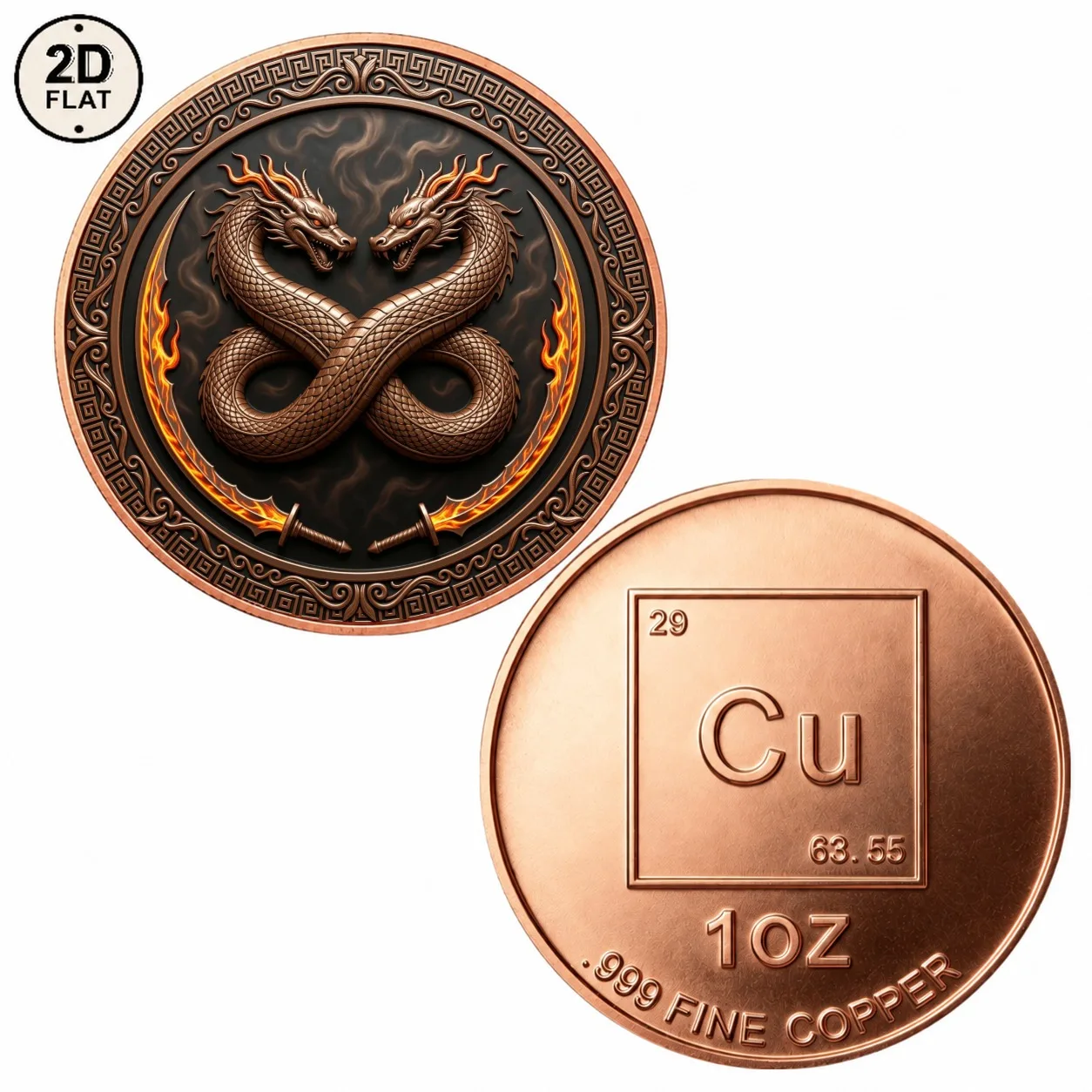 1pc Twin Fire Dragons 1oz .999 Fine Copper Commemorative Coin Intertwined Dragon Challenge Coin Mythical Collectible Gifts