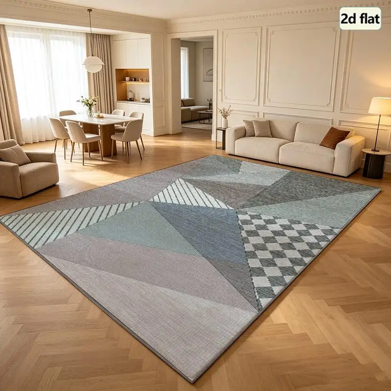 Grey Blue Triangle Patchwork Carpet Flooring, Modern Abstract Geometric Square Area Rug for Bedroom