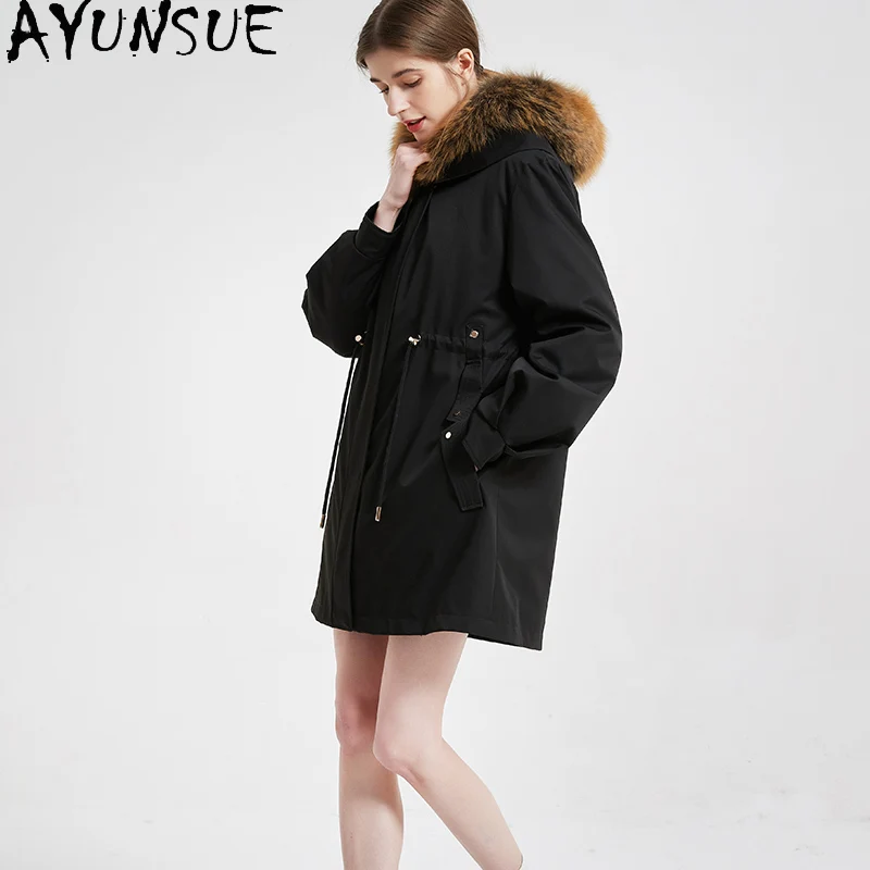 AYUNSUE Mantel Bulu Kelinci Rex Wanita Kerah Bulu Rubah Hangat Parka Bulu Asli Pakaian Musim Dingin Mantel Wanita Lapisan Dalam Dapat Dilepas Пальто Женское