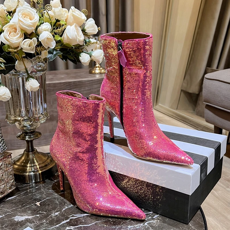 Red Sequin Side Zipper Point Toe Stiletto Boots Woman Winter 2023 Orange Bling Bling High Heel Shoes for Women Fashion Luxury