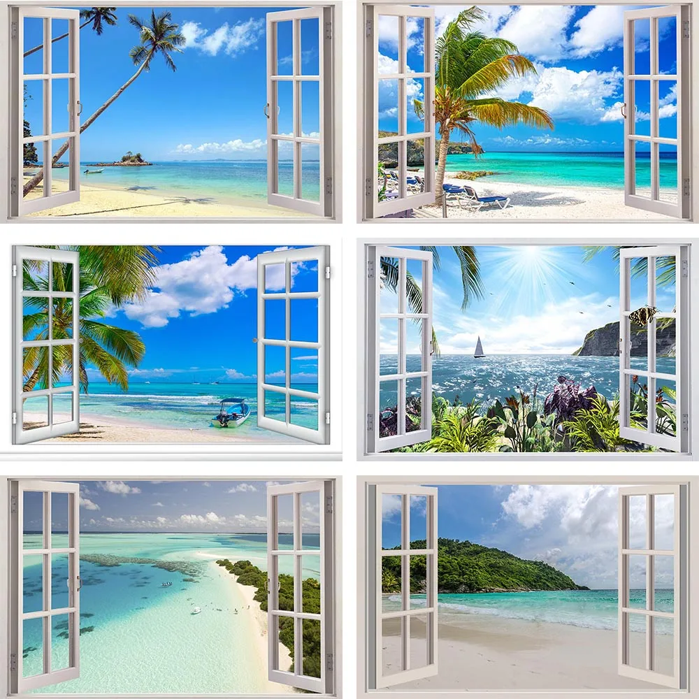 Mehofond Photography Background Window Landscape Wall Tropical Tree Home Decoration Sea Sunrise Home Dorm Photo Studio Backdrop