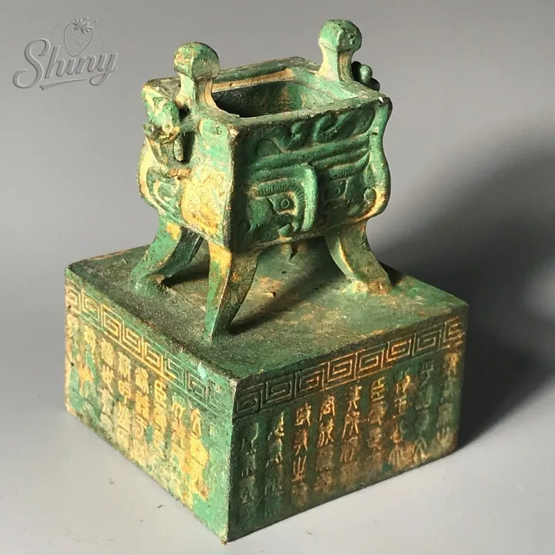 Antique Chinese Ding Seal Four-Legged Square Ritual Seal Auspicious Beast Motifs for Art Collection Desktop Paperweight Ornament