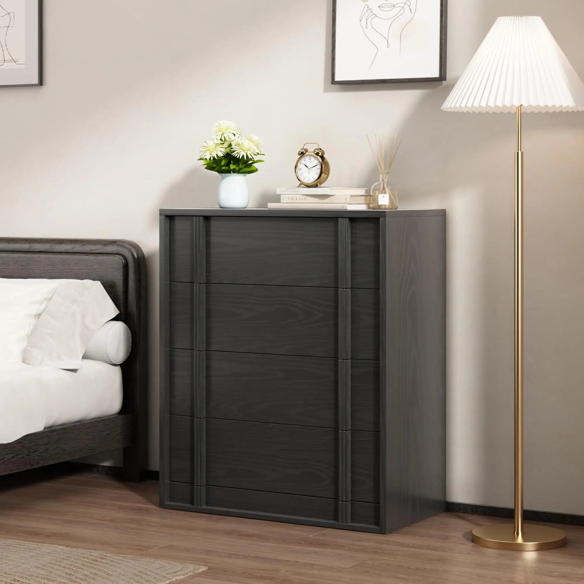 Space-Saving Modern Black 5-Drawer Dresser - Compact Wooden Bedroom Chest with Vertical Handles - Versatile Storage Cabinet for Bedroom, Living Room, Entryway, or Dorm - Anti-Tip Device Included
