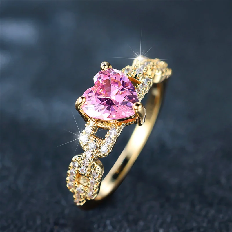 Cute Female Pink Zircon Stone Ring Trendy Yellow Gold Color Heart Engagement Rings For Women Bride Wedding Jewelry Gift