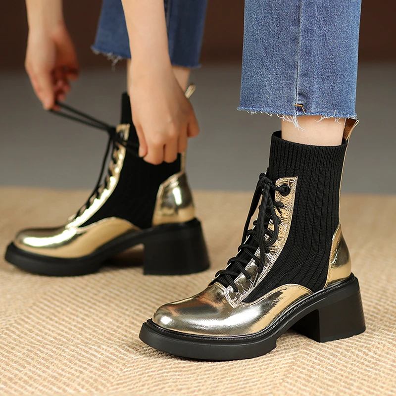 

Handmade Genuine Leather Cowhide+Microfiber ﻿Ankle Boots,Retro Chelsea Boots, Lace-Up Fashion Women Boots, Gold Women Booties