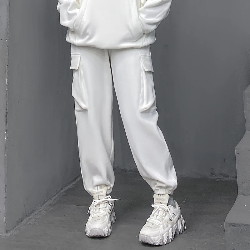 

M-Home Trendy Brand Fce Lined White Work Pants Women's Autumn Winter Long Casual Pants Cuffed Sweatpants Straight Leg Jeans