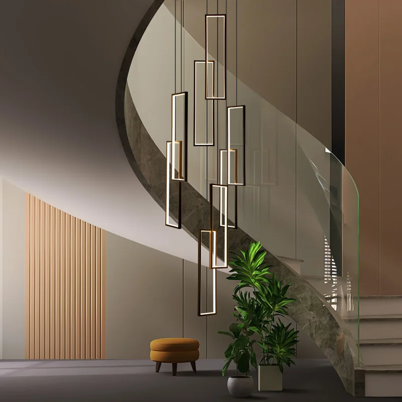 Minimalist staircase, modern minimalist creative black square frame villa hollow lamp, duplex chandelier