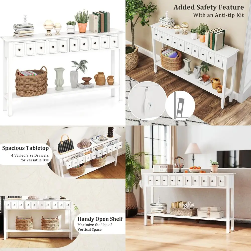Modern Farmhouse Style Console Table with 4 Drawers and Open Shelf for Entryway, Long Narrow Design