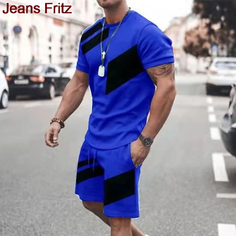 Men's Color Block Stripe 3D Print T Shirt Shorts Set Fashion Men Women T-shirt Outfits Outdoor Street Casual Sport Tee Two-Piece