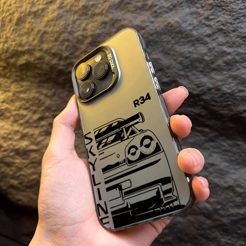 Cool Car Design Phone Case for iPhone 17 16 Pro15 Pro Max 14 13 Mini 12 11 14 Plus SE3 7 8 15 Plus XR XS MAX Laser Silver Cover