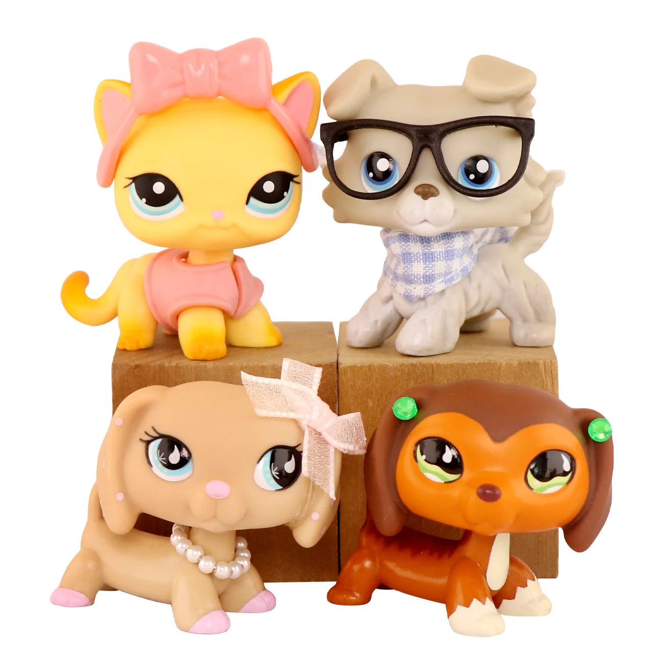 

4 pcs Minilpsshop Shop Bobble Head Toys Dachshund #675 #909 Shorthair Cat #339 Collie #363 Gifts for Boys and Girls for lps