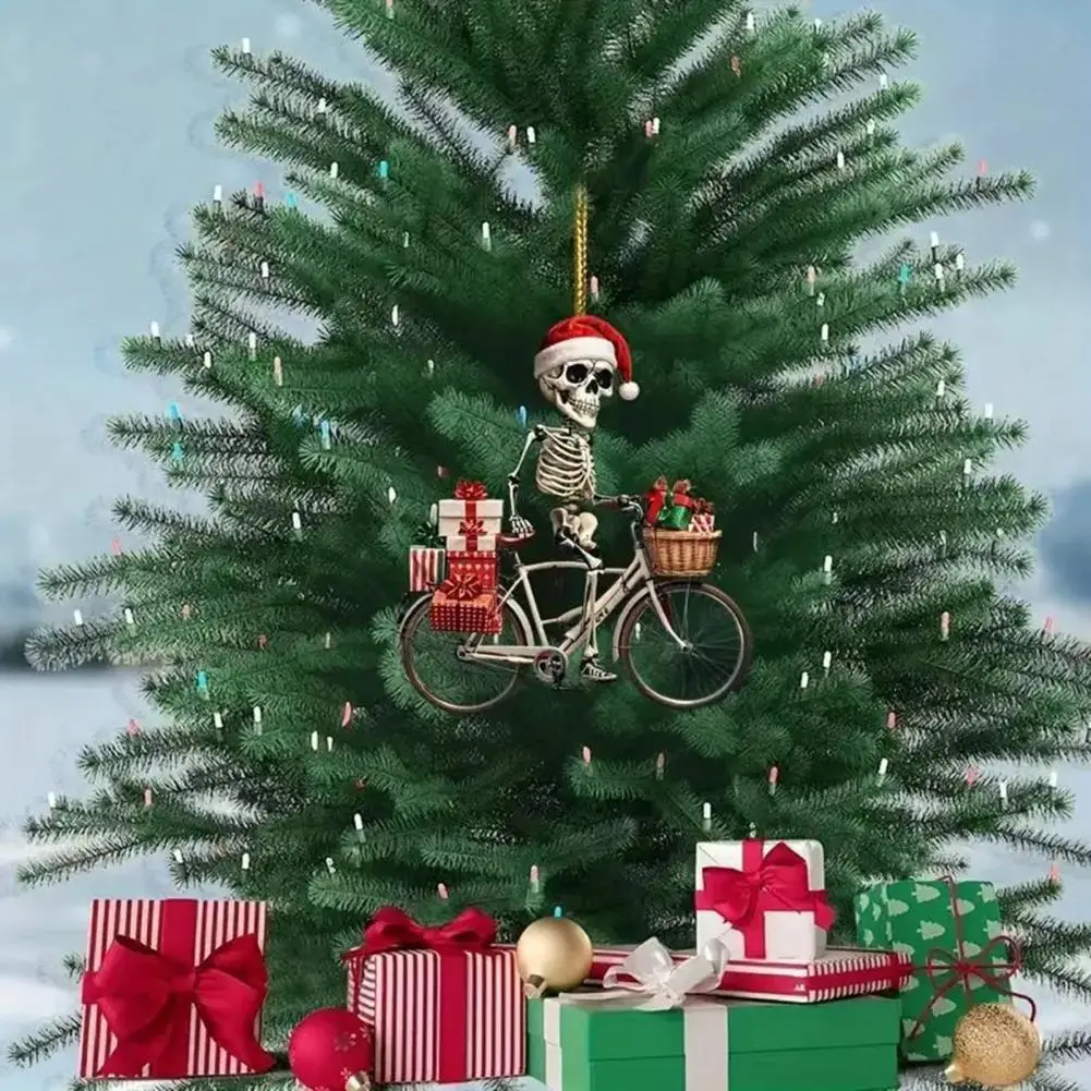 Whimsical Skull Pendant Skull Pendant Decor Acrylic Christmas Skull Ornament with Santa Hat Skeleton Riding Bicycle for Xmas