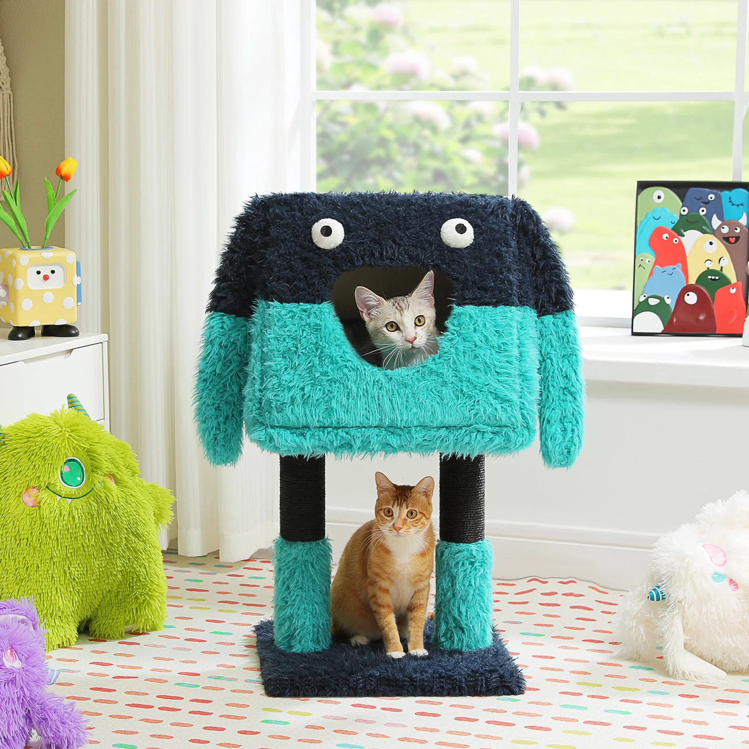 

2-in-1 Detachable Cat Tree with Two Cozy Condo, Scratching Posts, Cute Cat Tower for Indoor with Funny Eyes and Ears, Cat House