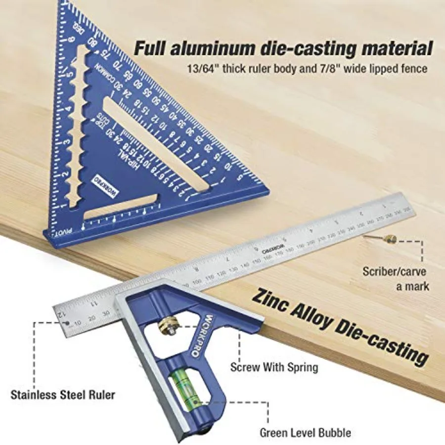 Aluminum Alloy Carpenter Square and Zinc-Alloy Square Ruler Set - 7 in. Rafter Layout Tool and 12 in. Combination Square Combo