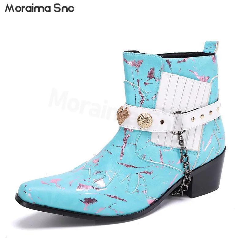 

New Chain Rivet Belt Buckle Boots Blue Square Toe Square Root High Heel Personality Short Boots Genuine Leather Men's Boots