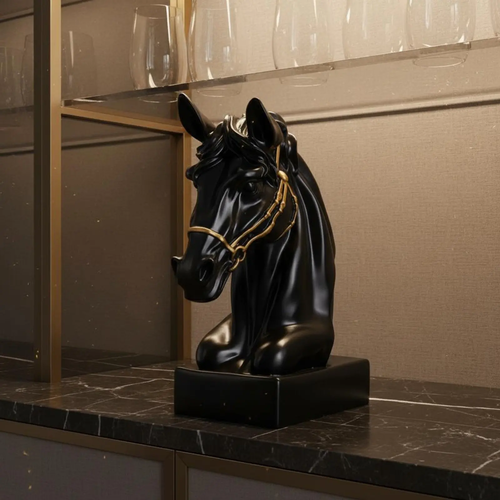 Horse Head Statue Sleek Luxury Dark Steed Bust Equestrian Table Decor Artistic Design Desktop Sculpture Modern Design