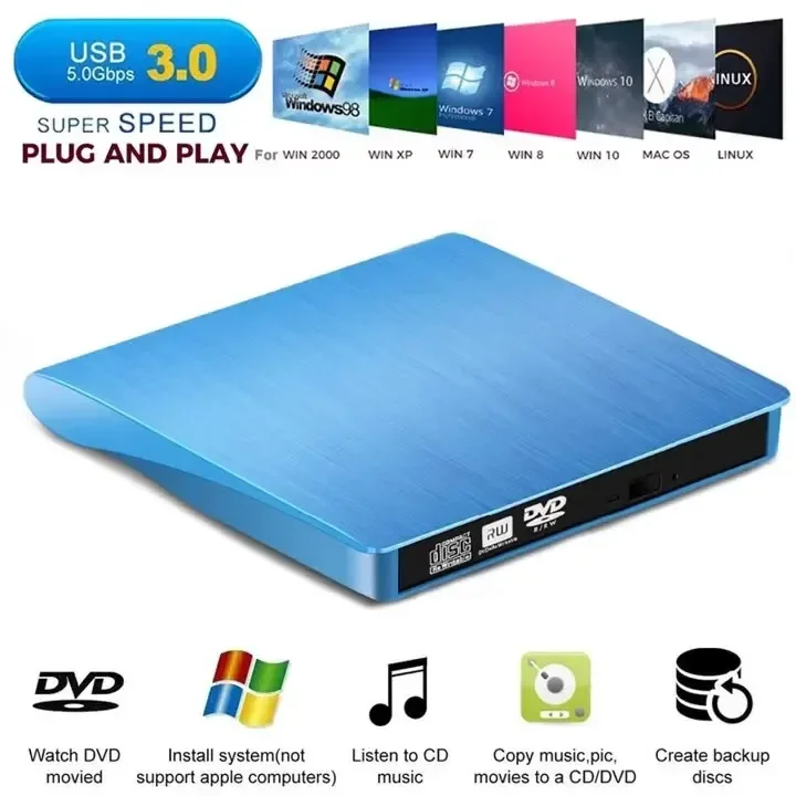 USB 3.0 Slim External Optical Drive DVD RW CD Writer Drive Burner Reader Player Optical Drives Plug and Play For Laptop Notebook