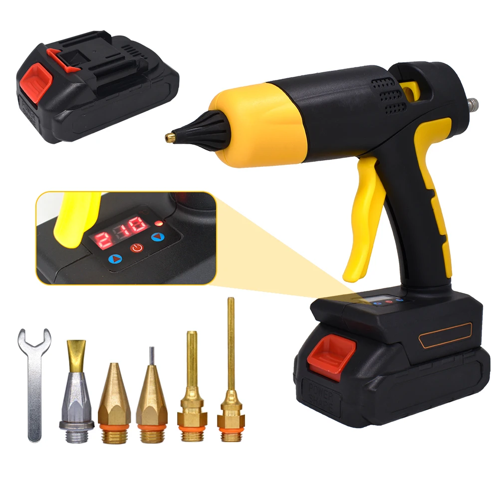 デジタルディスプレイ付きコードレス電気ホットメルト接着剤ガン,交換可能なバッテリー付きツール,11mmの接着剤と交換可能なレバー,21v,120w