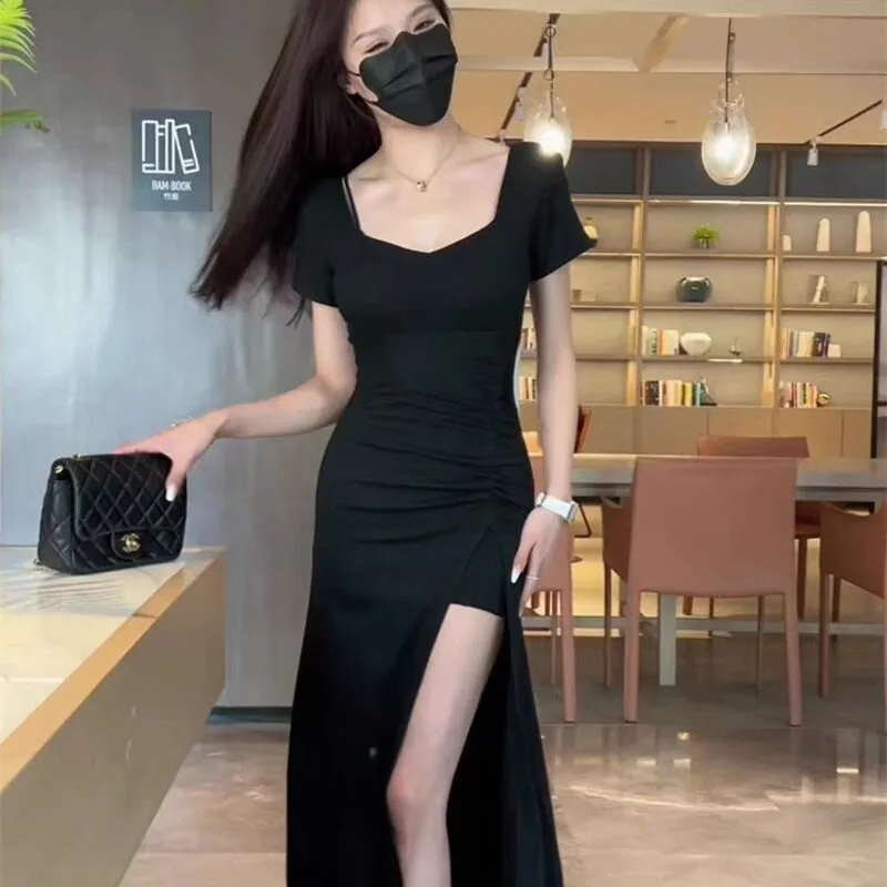 

Elegant V-neck Slit Long Dress Summer 2025 Fashion Design Sensation Knee-length A-line Slimming Polyester Fiber Dress
