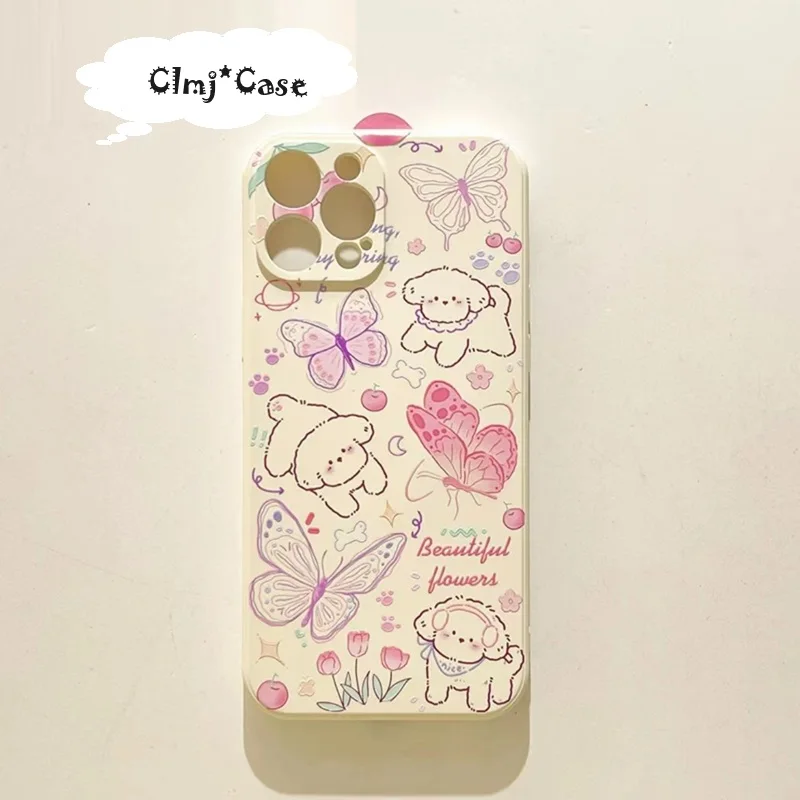 

Clmj Butterfly Dog Phone Case For iPhone 13 Mini 12 11 14 Pro Max 15 Plus Se 2020 XR X XS 7 8 Silicone Protective iPhone Cover