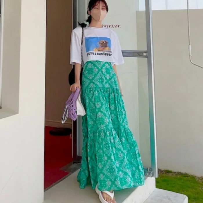 

Dongda Gate Women's Ethnic Sle f Skirt High Waist A-Line Long Skirt Comfortable Korean Version Floral Print Commute