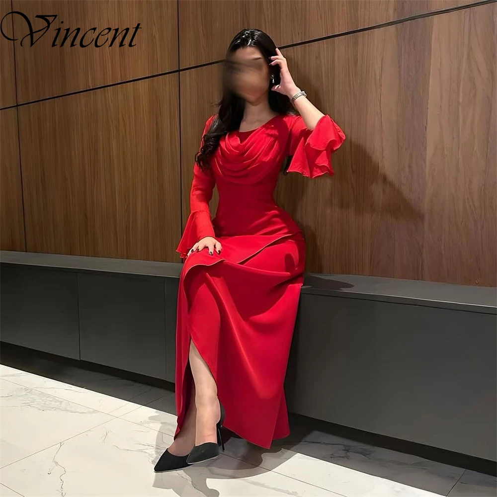 فستان سهرة كلاسيكي بأكمام طويلة من الجيرسيه باللون الأحمر مخصص بسيط على شكل حرف a بطول الكاحل فساتين رسمية للمشاهير بدون حمالات
