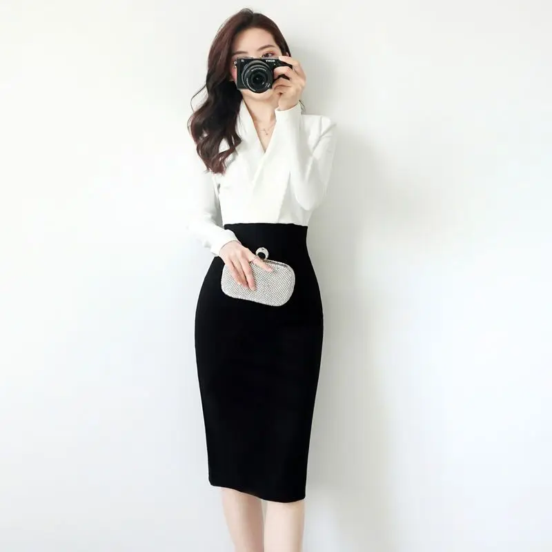 Women's sexy V-neck Long sleeves high waist stitching dress pack hip elasticity Splicing female knee-length pencil dress G27