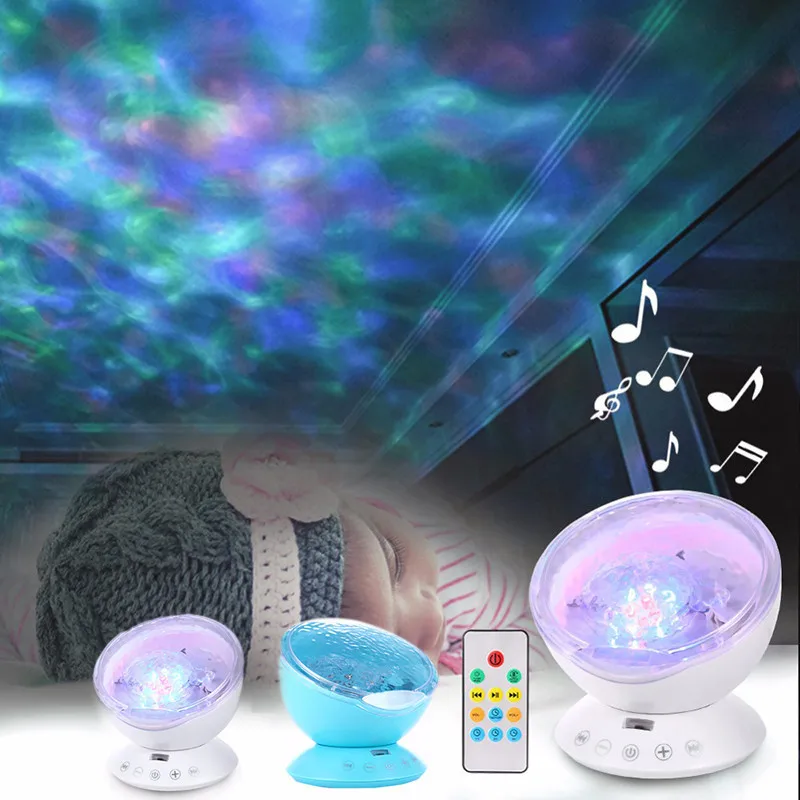 Ocean Wave Night Light Projector Lamp Remote Control Bedside Lamp USB Cable Music Player For Children Kids Gifts Room Decoration