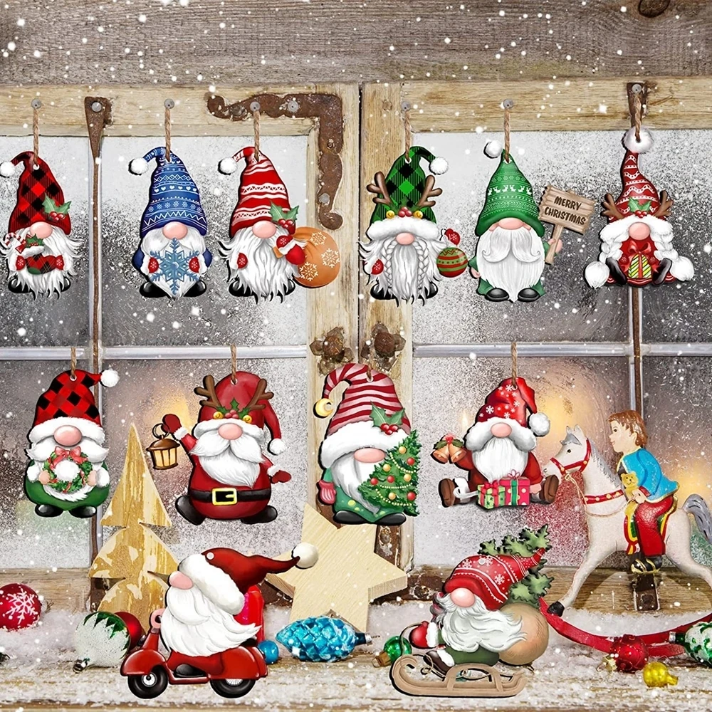 12Pcs Christmas Wooden Hanging Ornament Multi Noface Santa Clause Pendants For Xmas Party Tree Decor Kids New Year Gifts Supply