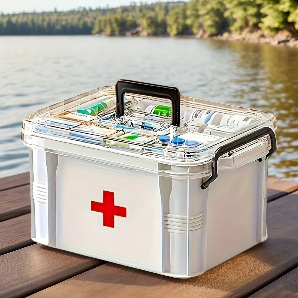 Clear Medicine Organizer Storage Box with Tray, Thickened Medicine Container Chest, Multipurpose Medical Case with Labels