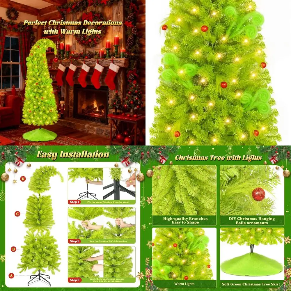 

Bendable 6ft Lime Green Artificial Christmas Tree with Lights, Stand, Red Balls, Green Skirt, Ornaments, 25-Piece DIY Xmas Tree