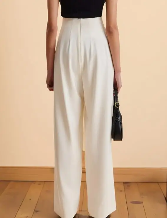 

Summer New Fashionable French Style Elegant Casual Style Metal Button Irregular Waist Design Versatile High Waist Wide Leg Pants