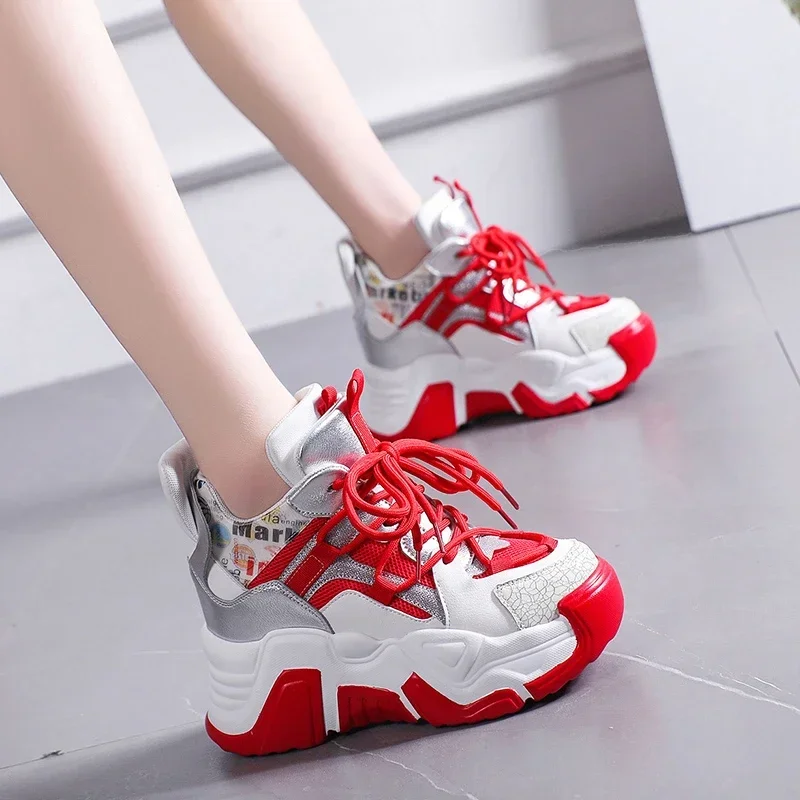 9cm New Women High Top Sneakers Height Increasing Platform Casual Dad Shoes Spring Thick Sole Breathable Mesh Sport Shoes Woman