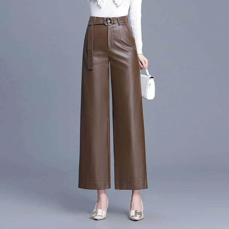 

High Waist Wide Leg PU Leather Pants, Women's Autumn and Winter New Fashion Straight Leg Nine-point Pants, Casual Radish Pant