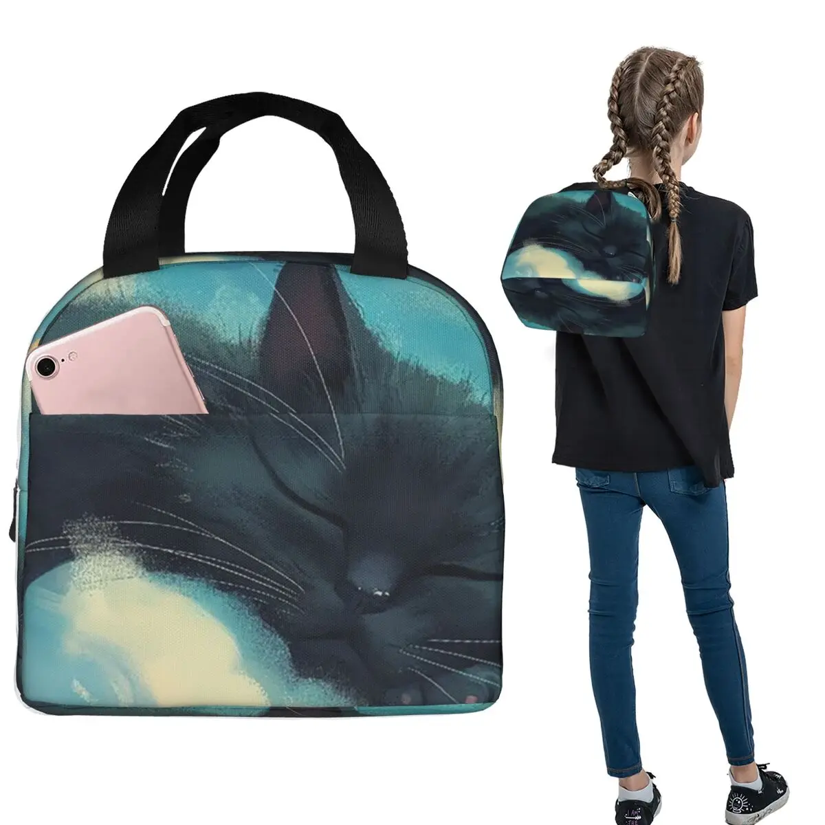 Night Black Cat On The Clouds Insulated Lunch Bag for Women Children Portable Food Boxes Thermal Lunch Box Tote