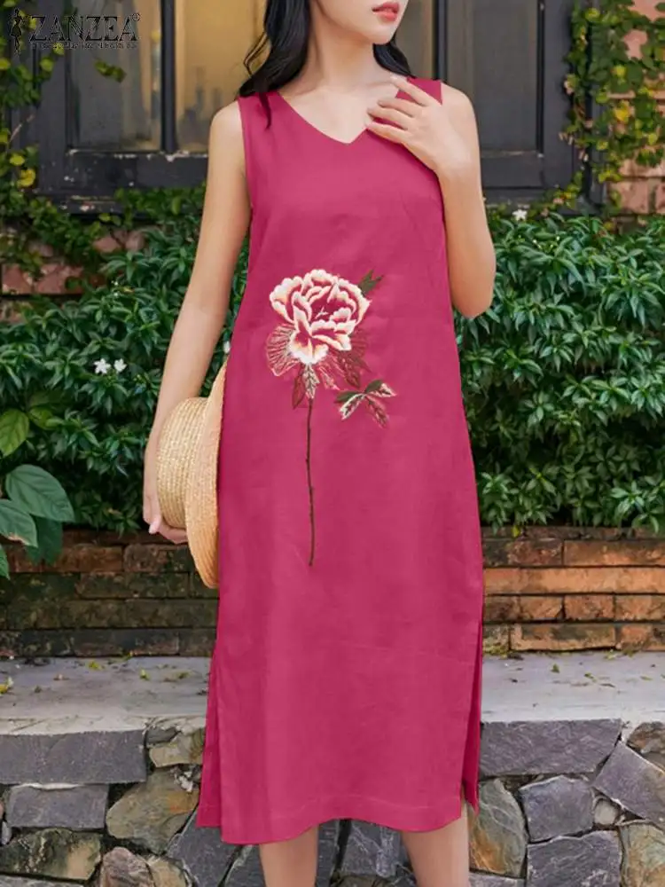 

Платье ZANZEA женское без рукавов, праздничный Повседневный Сарафан с Боковым Разрезом, повседневное миди-платье с цветочной вышивкой и V-образным вырезом, лето 2024