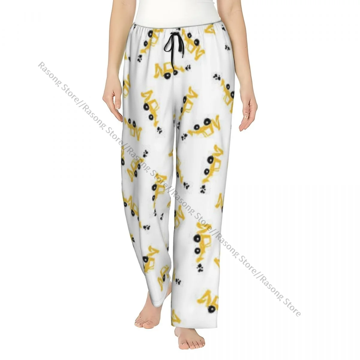 

White Pen Skech Cute Backhoe Pattern Women Sleep Pants Warm Flannel Lounge Pants for Winter Nights