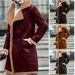 Men Autumn Winter Coat Faux Leather Long Sleeve Solid Color Turndown Collar Button Casual Warm Comfortable Regular Standard Fit